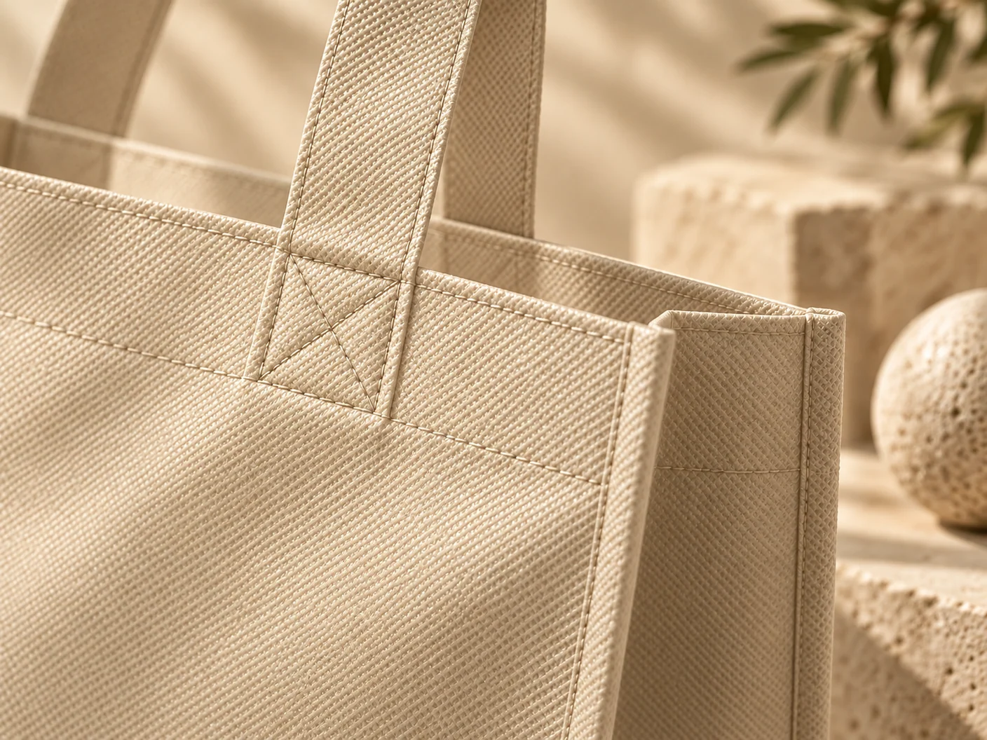 Close-up of a bag handle, seam and textured non-woven material concept