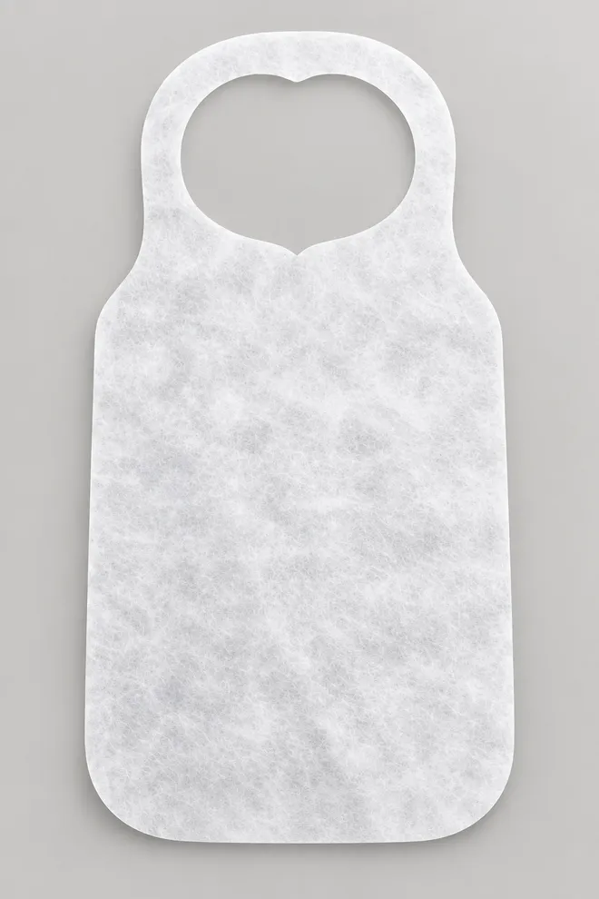 Plain white non-woven dining bib with an integral neck opening — AI-generated style illustration
