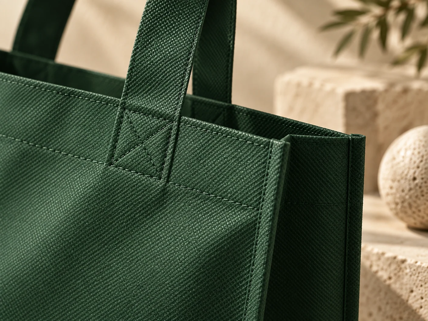 Close-up concept of non-woven texture, handle and stitched detail