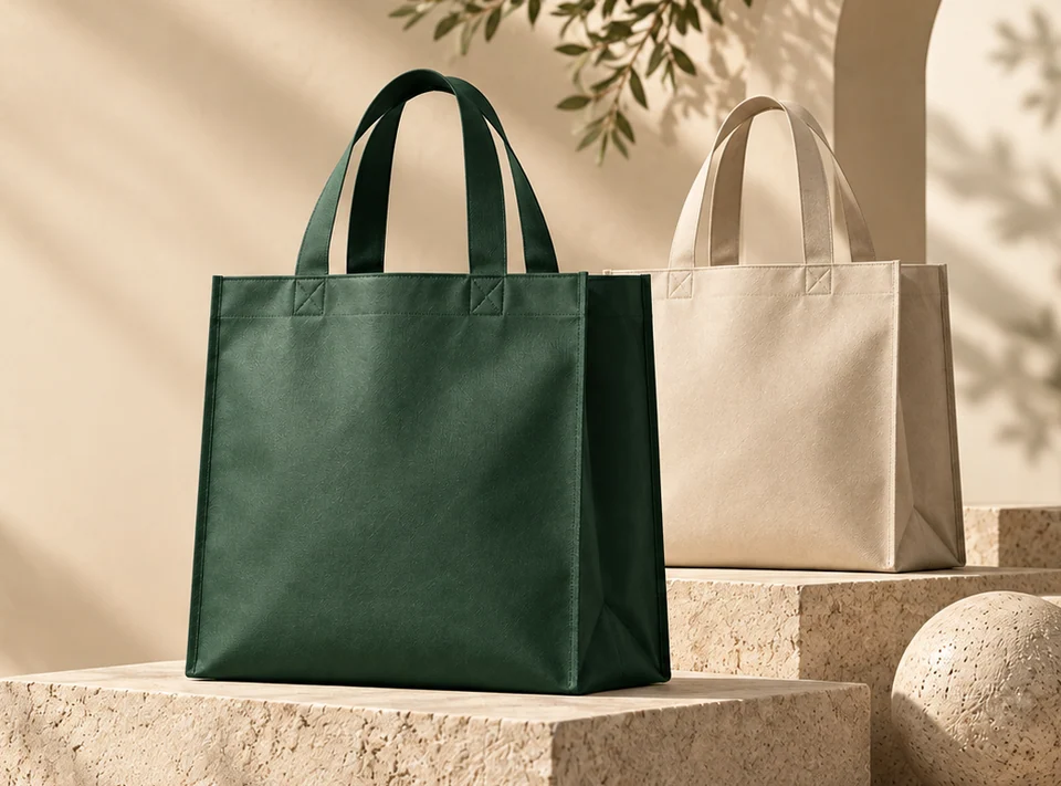 Green and ivory bag design concepts on pale stone